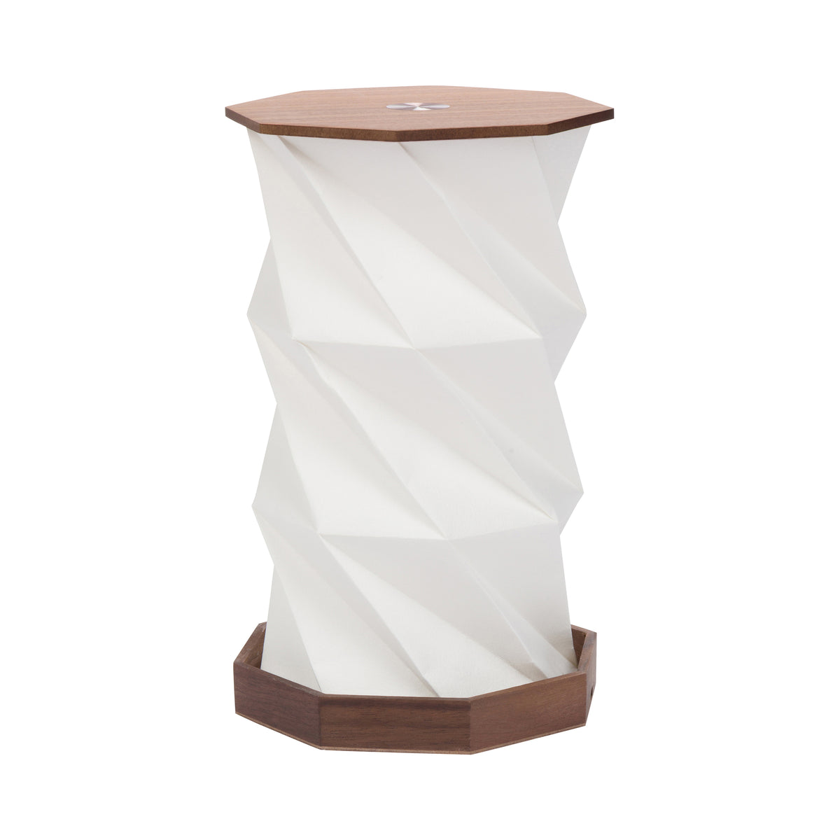A modern octagonal side table with a geometric, faceted white pedestal base and a natural brown wood top and base trim, shown on a plain white background.