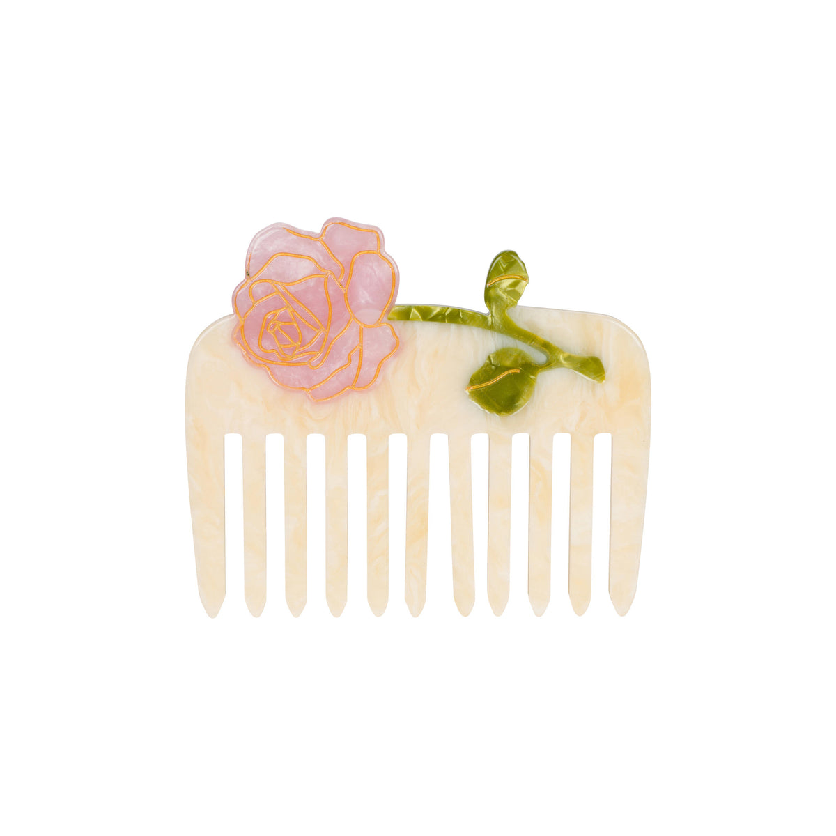 Decorative comb with a pink rose flower and green leaves on a white background