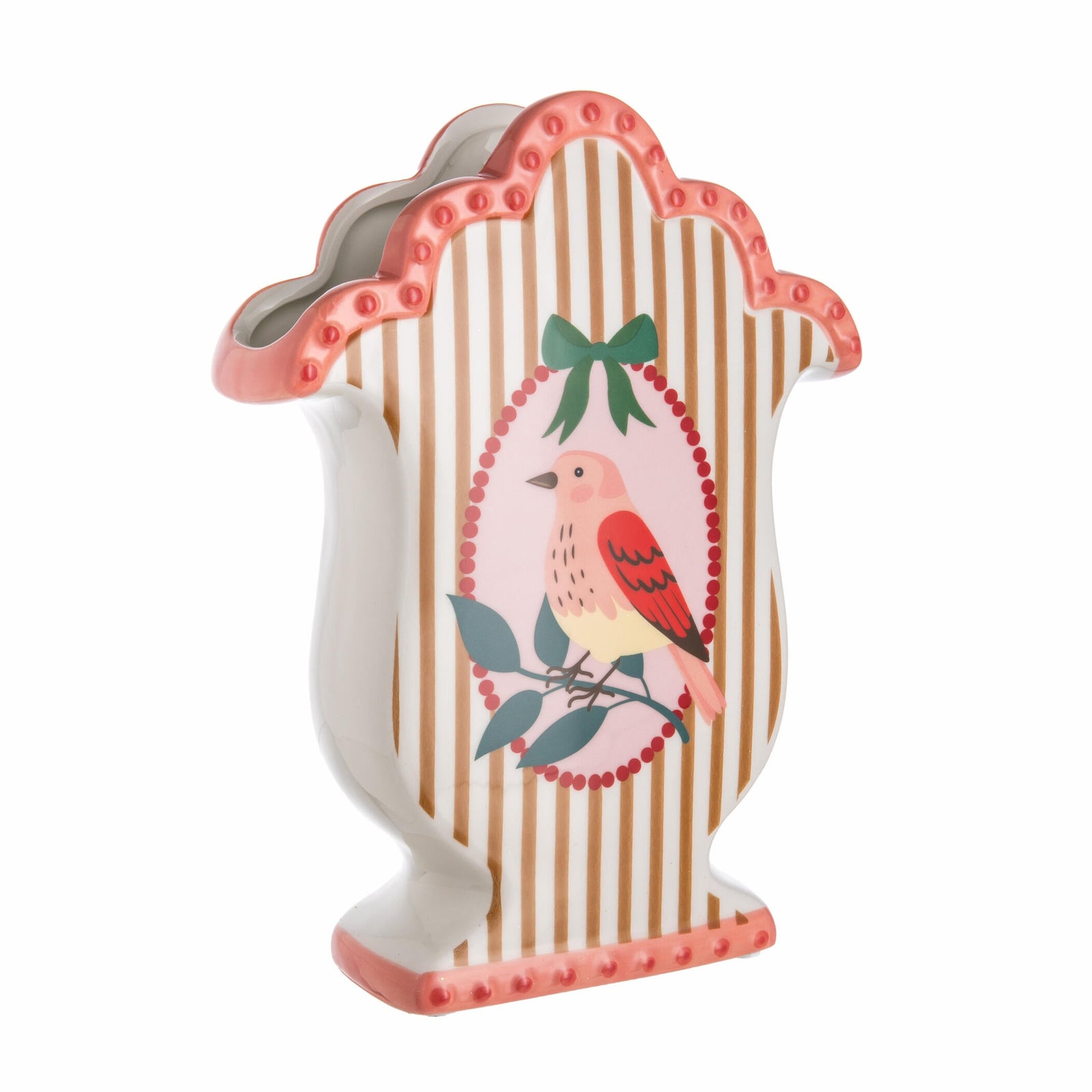 Decorative vase with a tan stripe and pink bird design on a white background