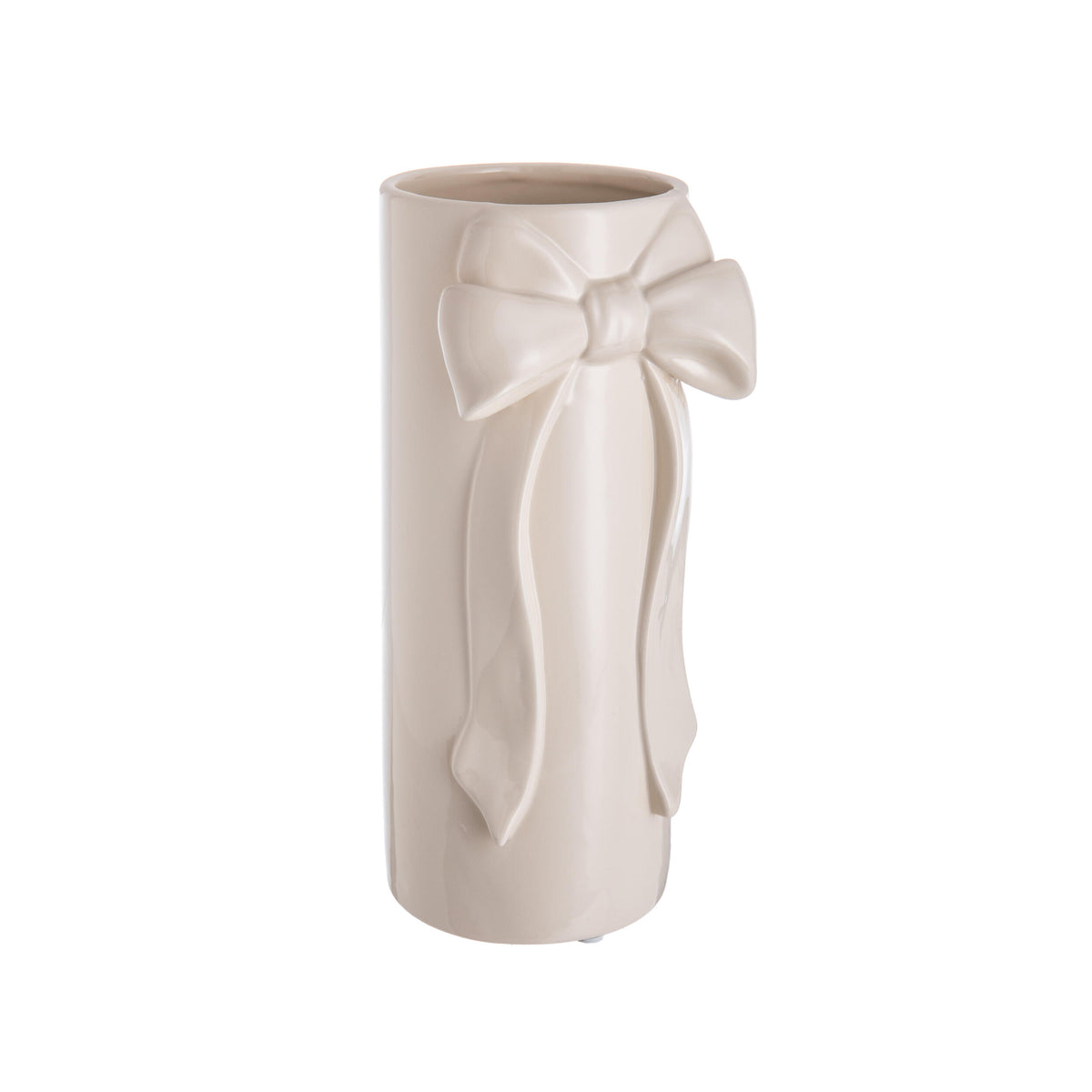 Beige vase with a decorative bow on a white background
