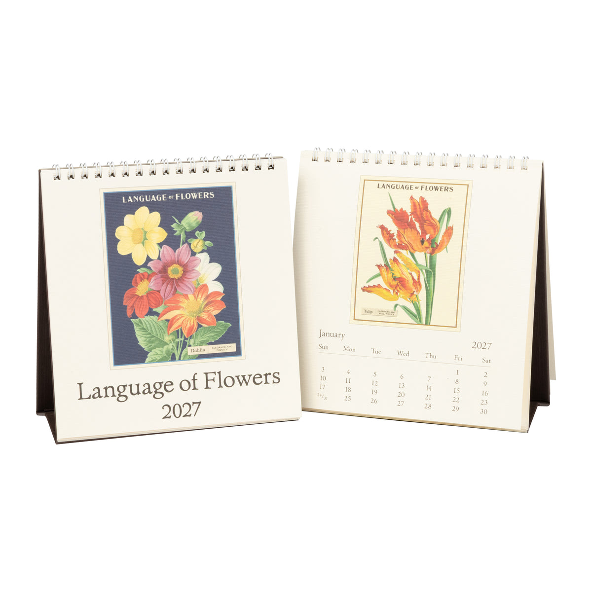 Two spiral-bound desk calendars titled 'Language of Flowers 2027' shown on a white background. One calendar is closed, displaying a floral cover illustration with the title and '2027' below.