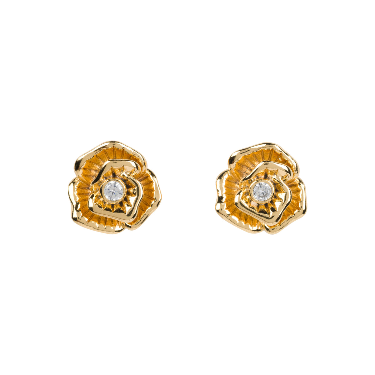 A pair of gold rose stud earrings with a textured, layered petal design and a small clear round gemstone in the center of each, shown on a plain white background.