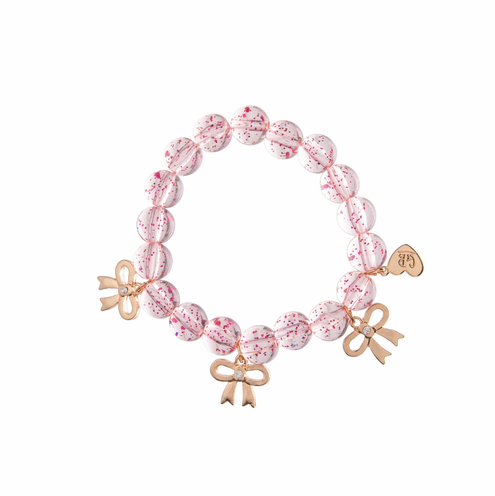 Pink beaded bracelet with gold bow charms on a white background