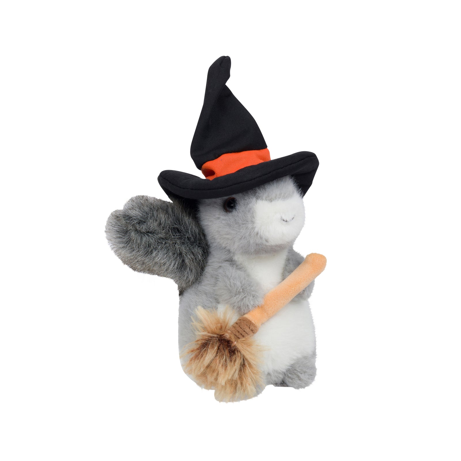 A plush toy of a gray and white rabbit wearing a black witch hat with an orange band and holding a broom, isolated on a white background.