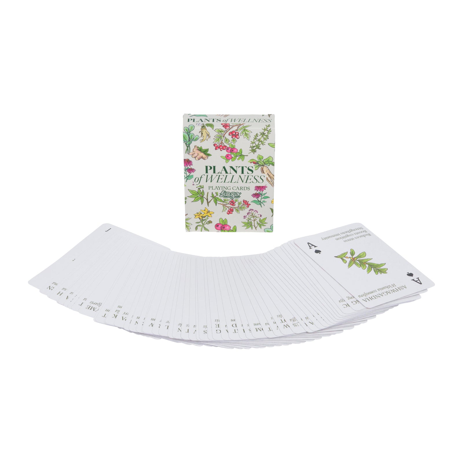 Plants of Wellness Playing Cards box by Jingle, featuring a white background decorated with colorful botanical illustrations of herbs and flowers.