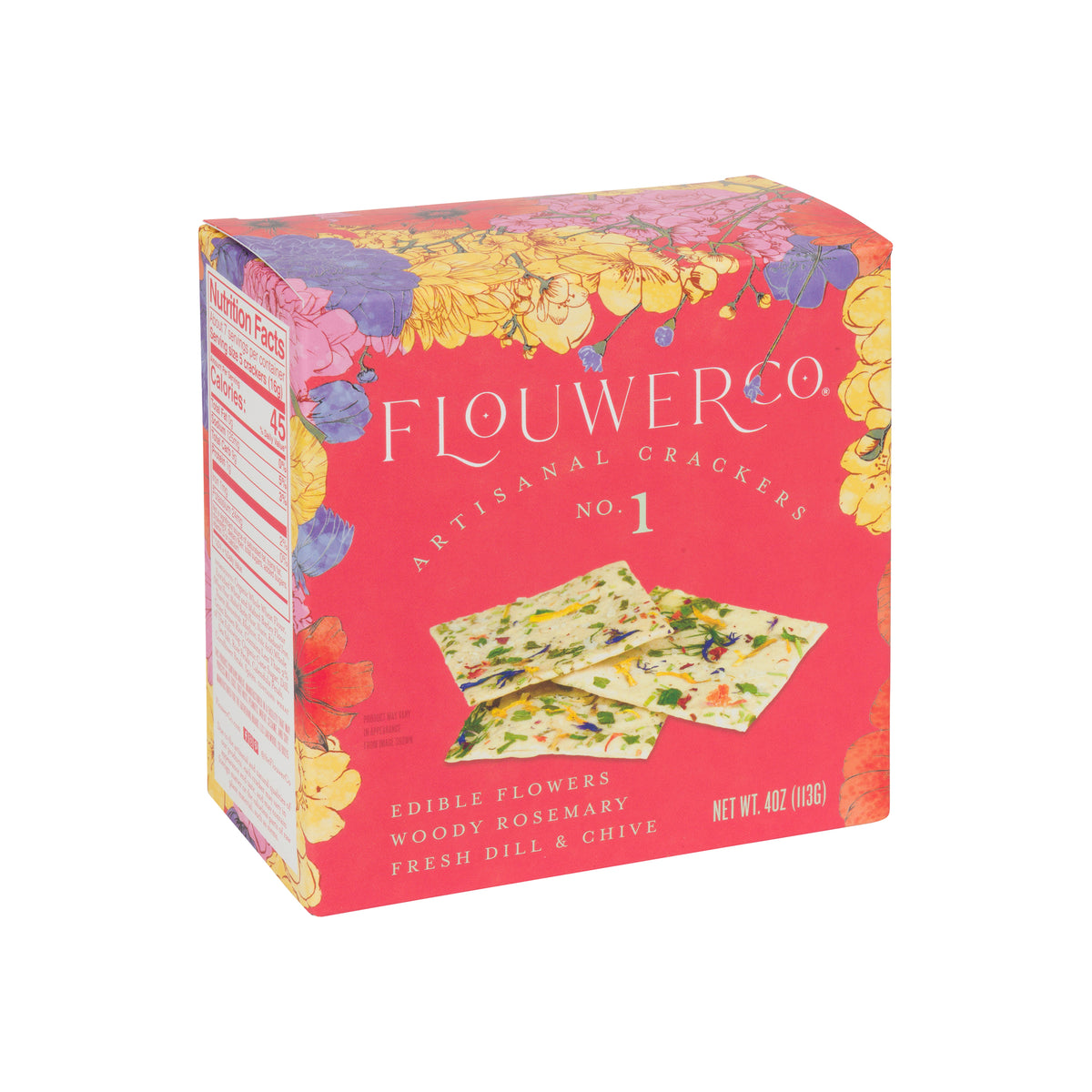 Flowerco artisinal crackers packaging with colorful floral design on a white background