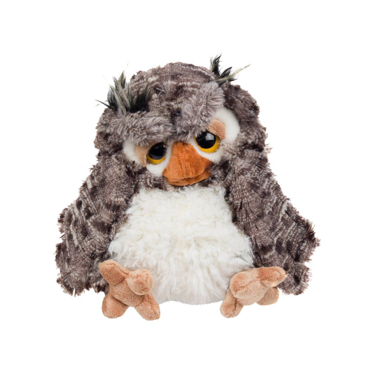A plush owl toy with brown and gray mottled feathers, a white fluffy chest, a small orange beak, and large yellow eyes, photographed on a plain white background.