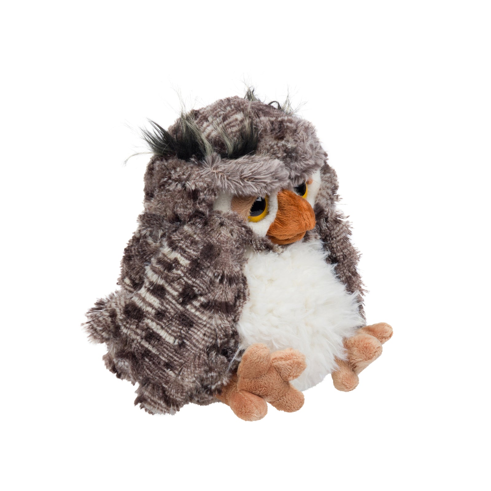 A plush owl toy hand puppet with brown and gray mottled feathers, a white chest, orange beak, and tan feet, photographed on a clean white background.