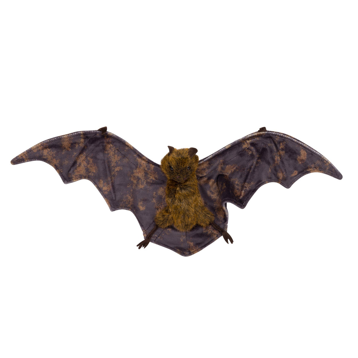 A small bat hand puppet with spread wings, shown against a plain white background. The bat has dark brown wings with a mottled gold pattern and a golden-brown furry body.