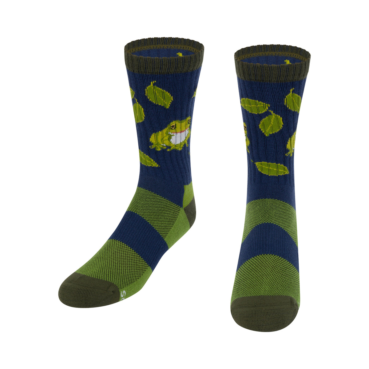 Crew socks with a dark navy blue upper, green and navy striped lower section, and a graphic of a smiling green frog surrounded by leaves.