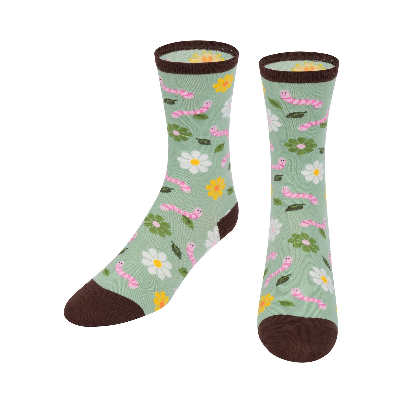 Colorful sock with floral and worm pattern on a light green background