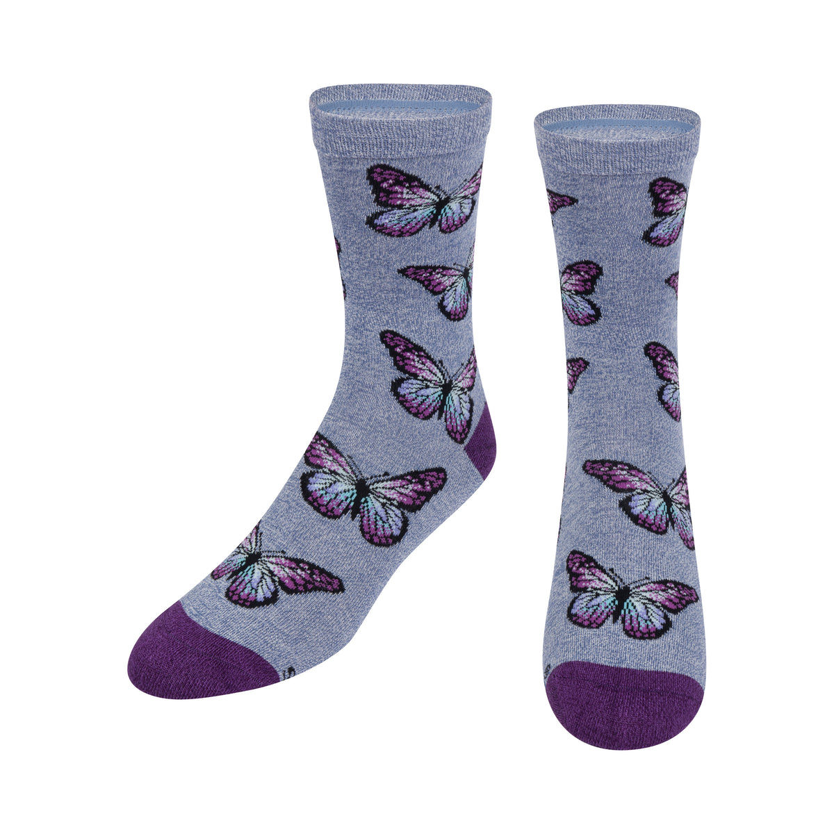 Lilac socks with purple butterfly designs on a white background