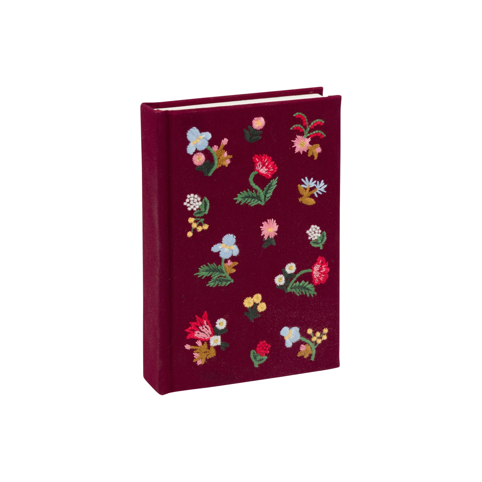 A hardcover notebook or journal in deep burgundy with colorful embroidered wildflowers across the front cover, shown on a plain white background.