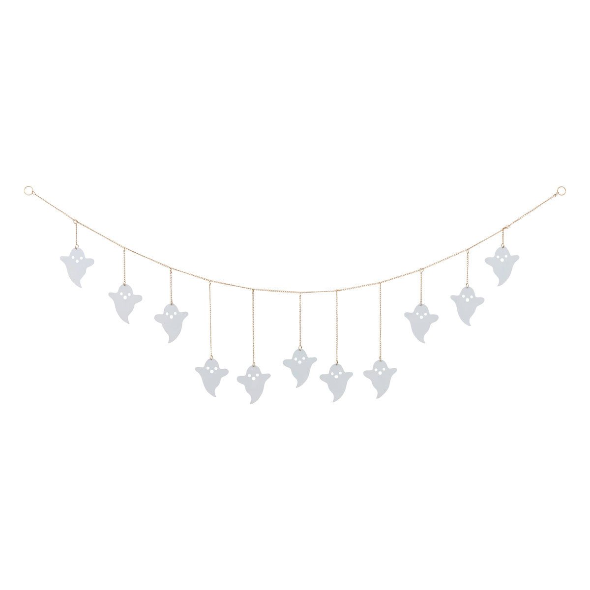 A ghost-shaped hanging banner garland made of light gray paper cutouts with white polka dots, suspended from a thin gold string on a plain white background.