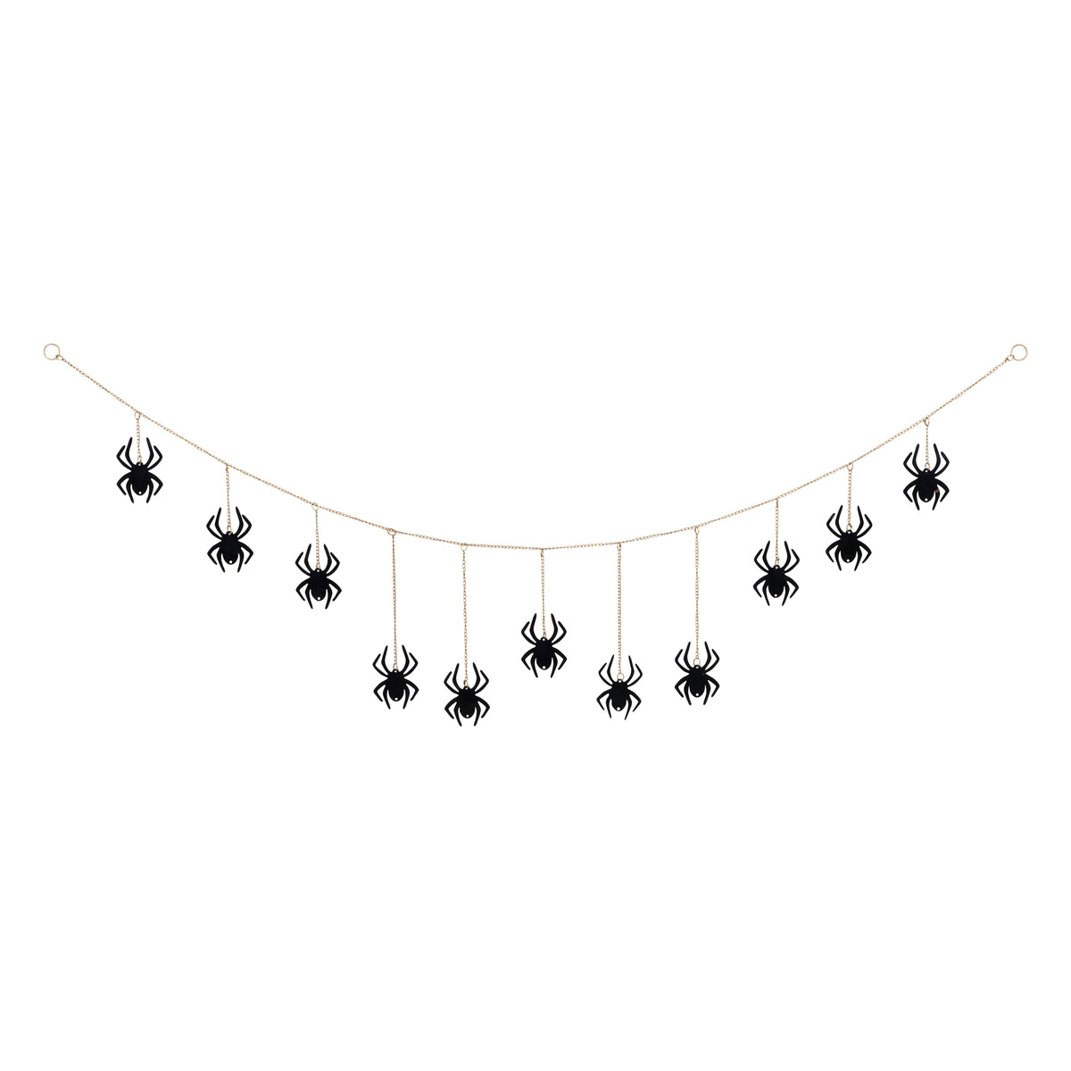 A Halloween spider garland featuring multiple black spider cutouts hanging from a thin gold string against a plain white background.