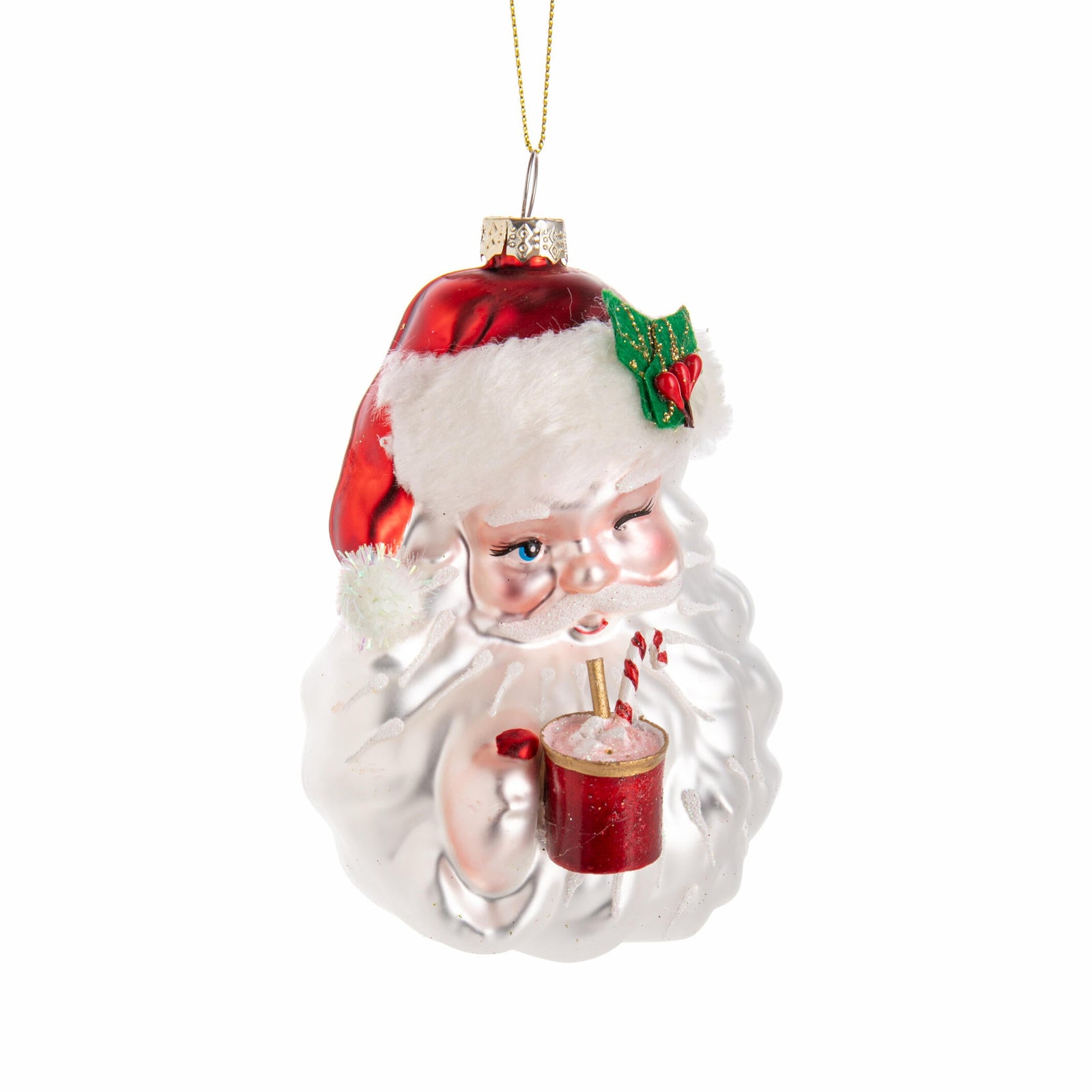 Christmas ornament of a Santa Claus holding a mug of cocoa with a straw on a white background