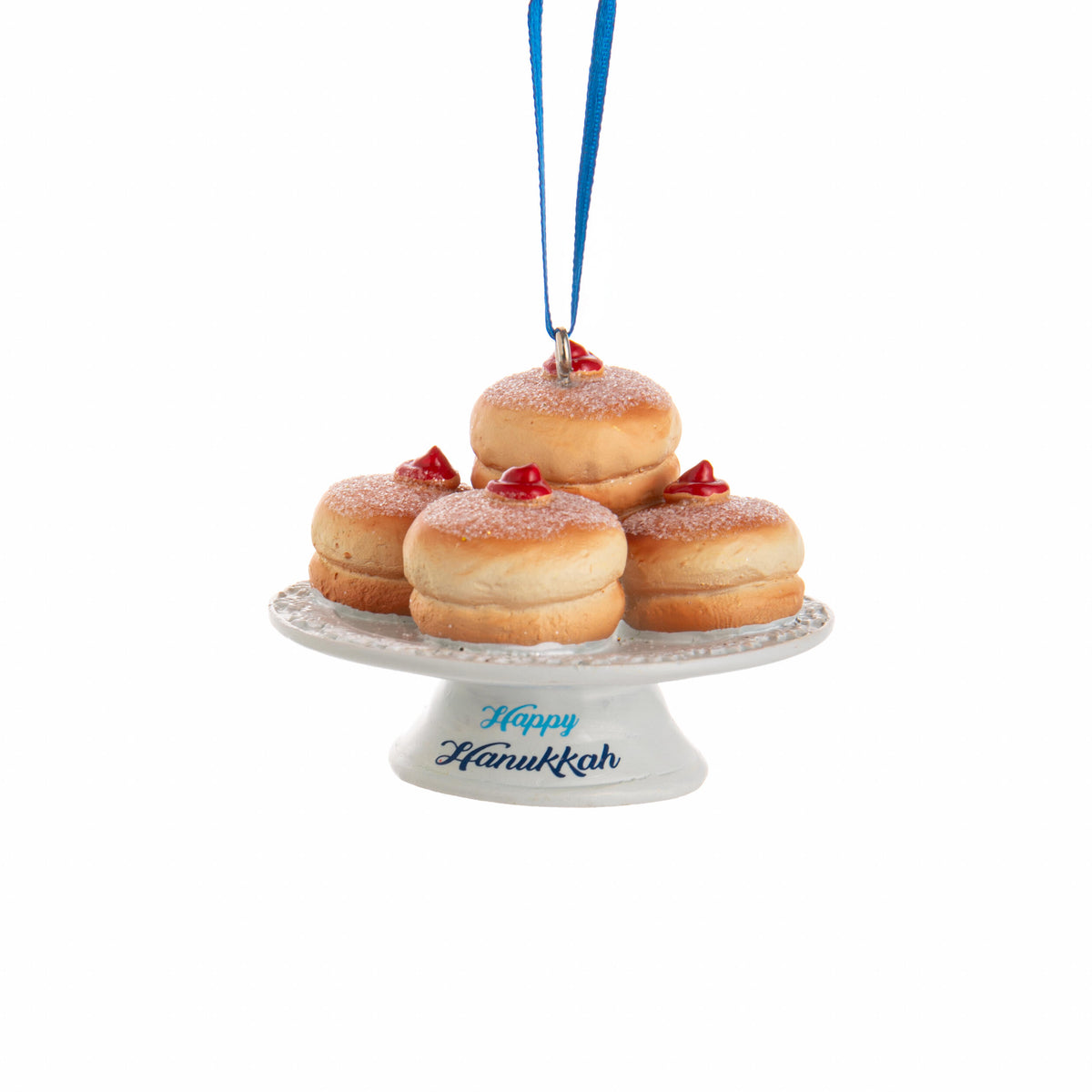Hanukkah ornament with a pile of jelly donuts on a cake stand and the words 'Happy Hanukkah' on a white background. 