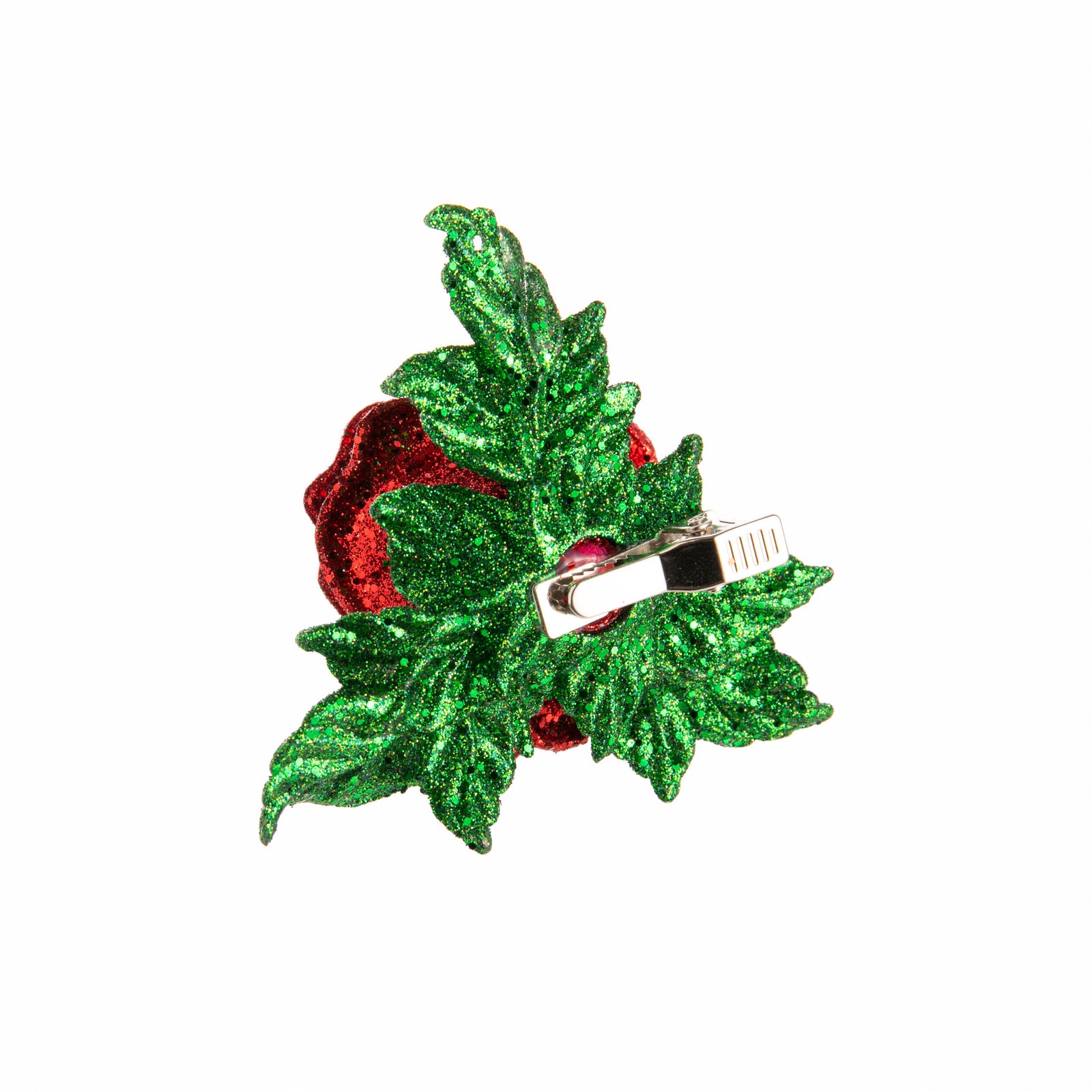 Red glittery rose with green leaves on a white background