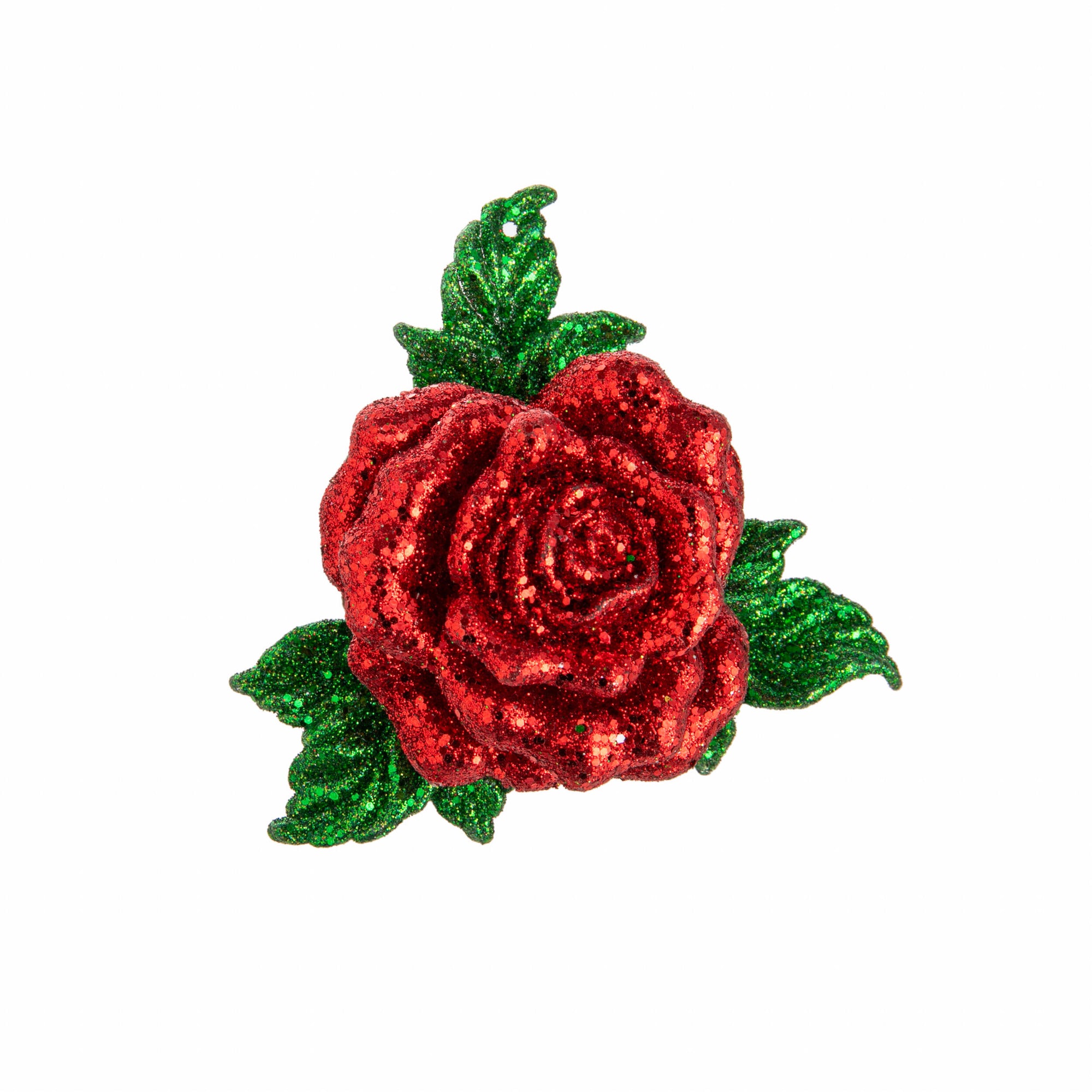 Red glittery rose with green leaves on a white background