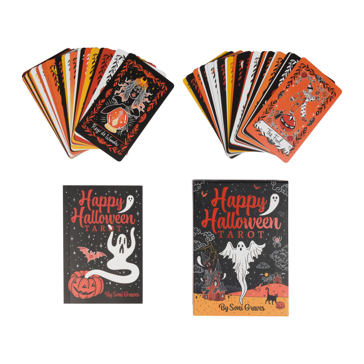 A tarot card deck featuring a Halloween theme with the text 'Happy Halloween TAROT' and 'By Soni Graves'. The illustration shows a haunted house, a large white ghost, a black cat, a spider, a pumpkin, and bats on a black background with orange and yellow accents.