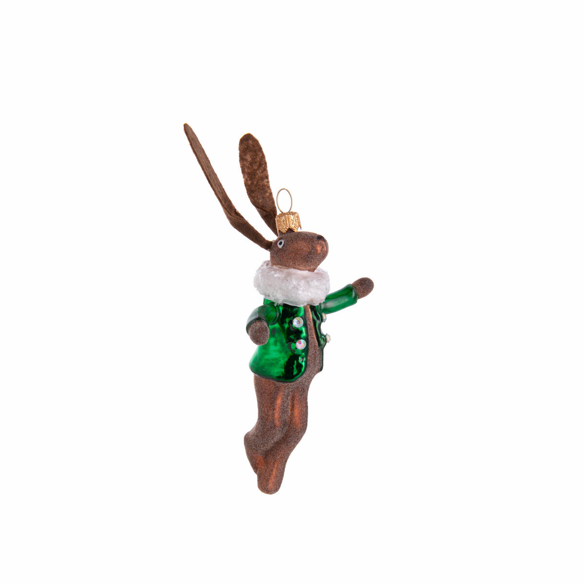 Glass ornament of a rabbit in a green suit on a white background