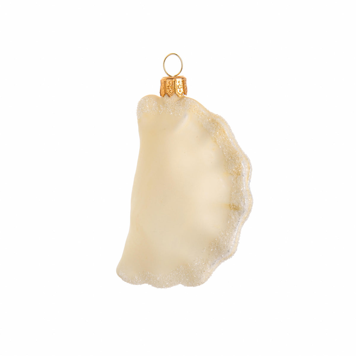 Glass ornament shaped like a dim sum dumpling on a white background