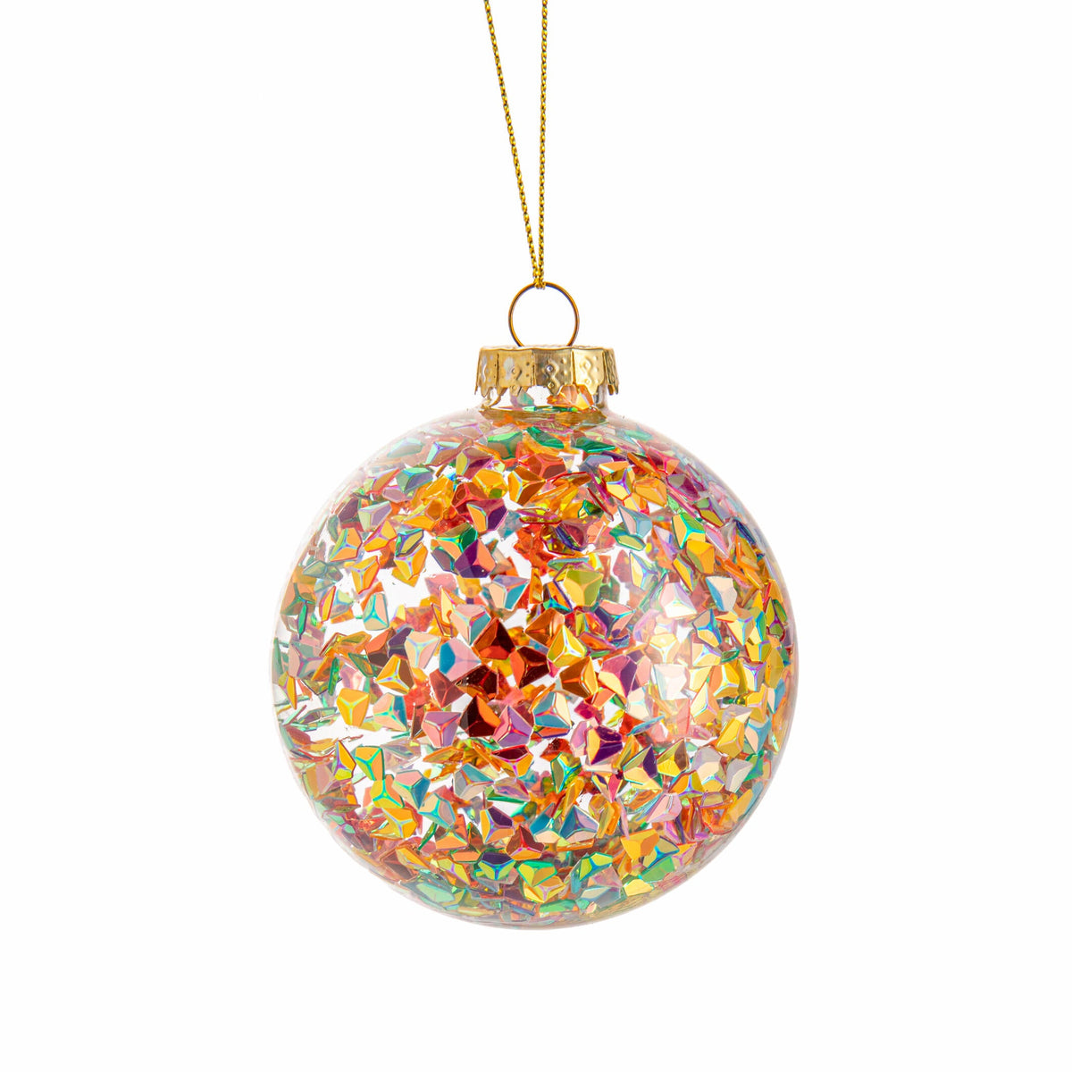 Colorful glass Christmas ball ornament with gold top on a white background