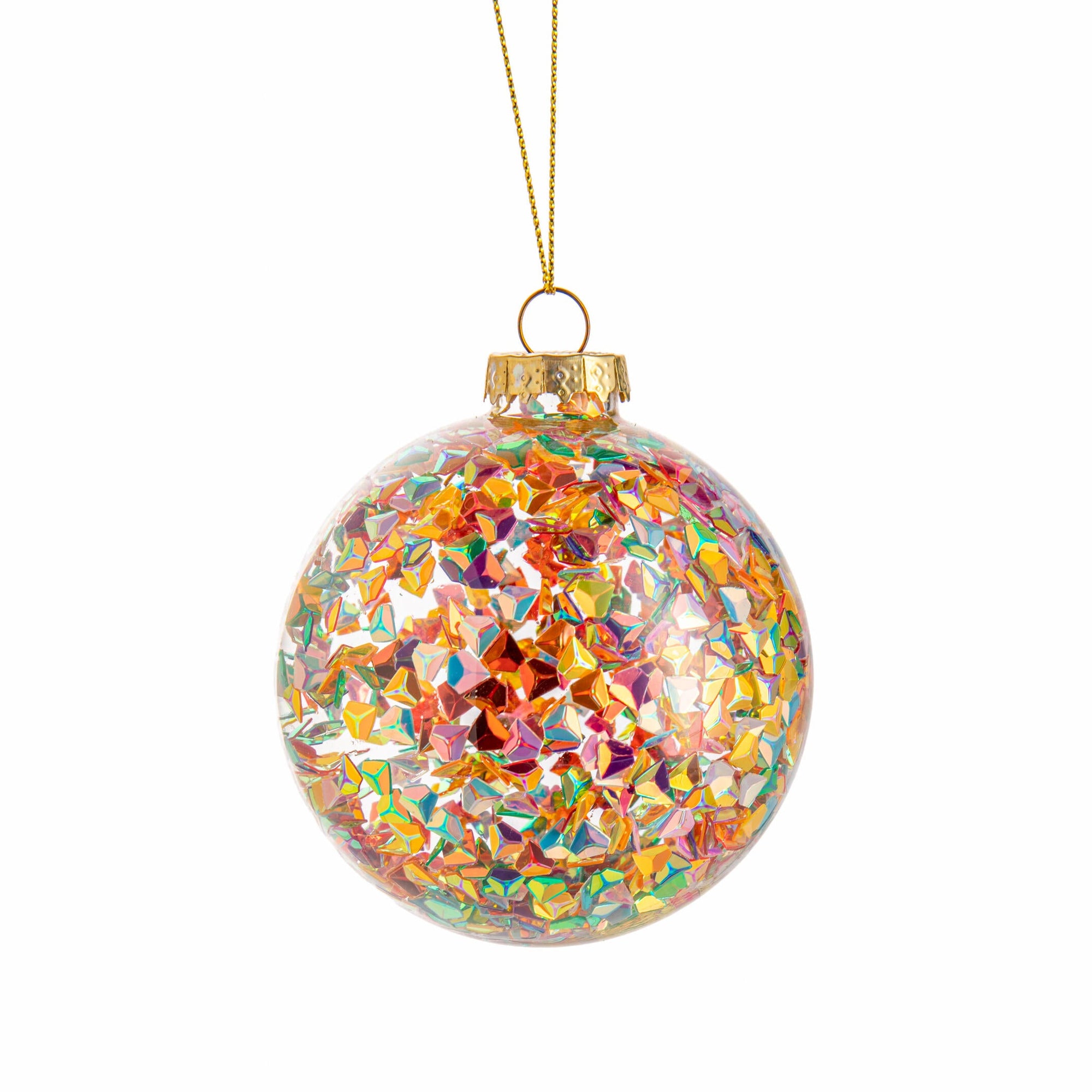 Colorful glass Christmas ball ornament with gold top on a white background