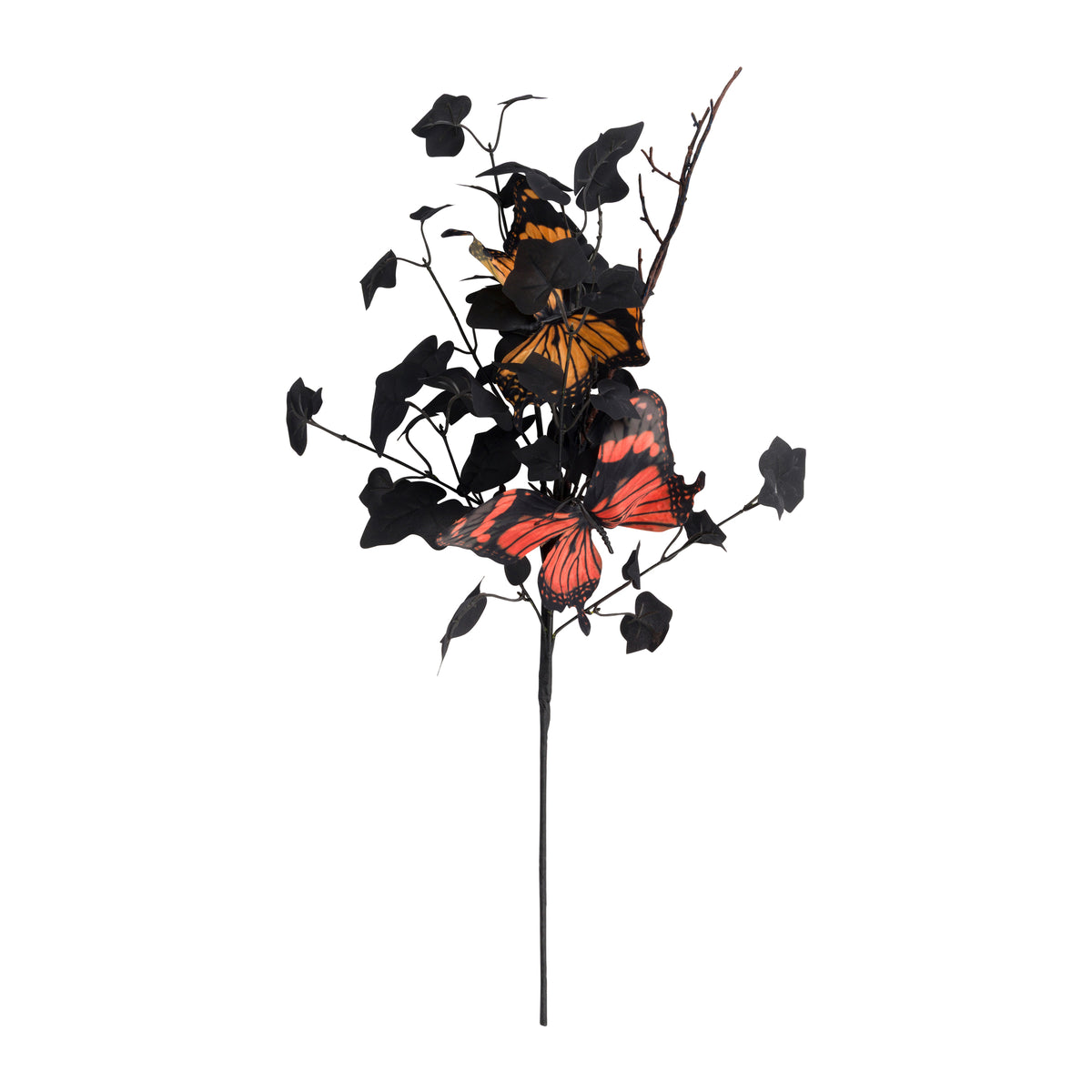 A decorative artificial floral stem featuring black leaves and branches with two prominent orange-and-black butterfly motifs, shown on a plain white background.