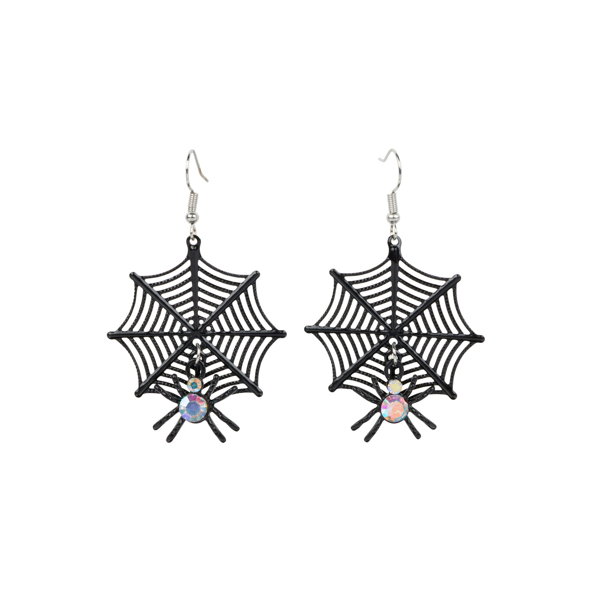 Spider web earrings with spider designs on a white background