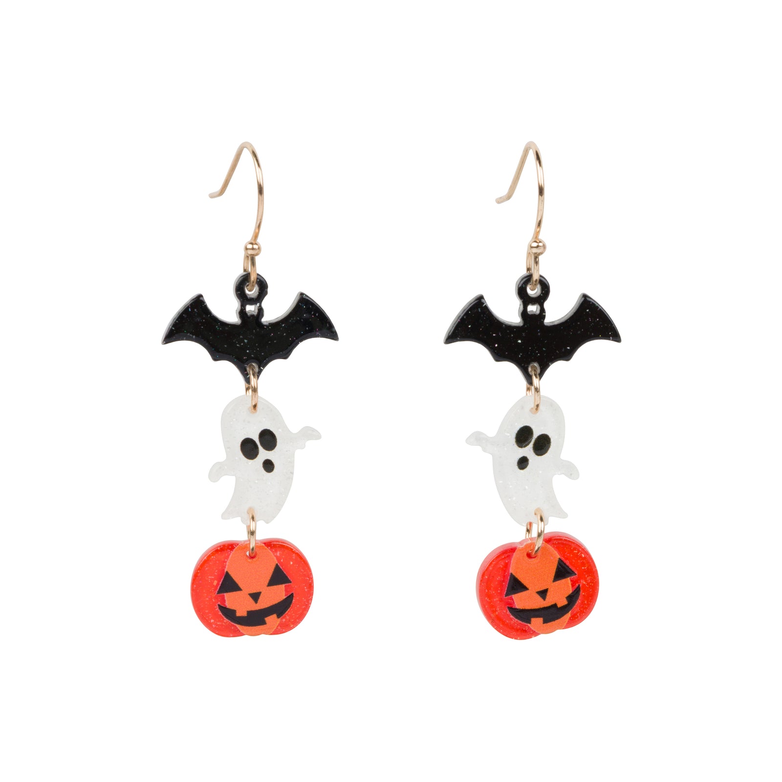 Halloween-themed earrings with bats, ghosts, and jack-o'-lanterns on a white background.