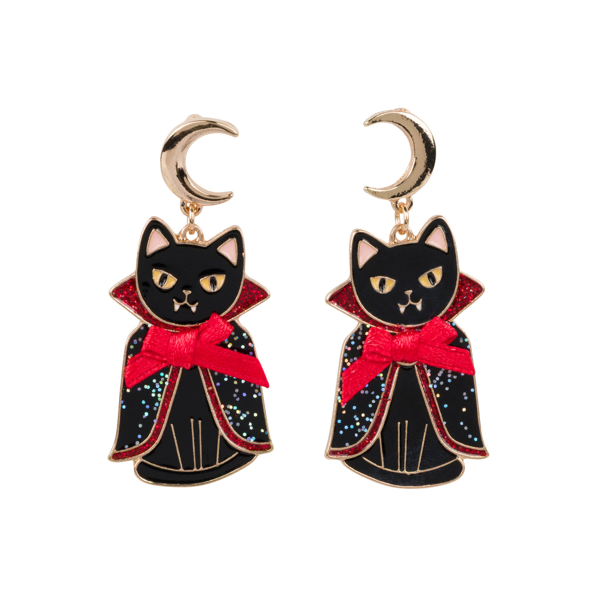 Black cat earrings with red bows and gold accents on a white background