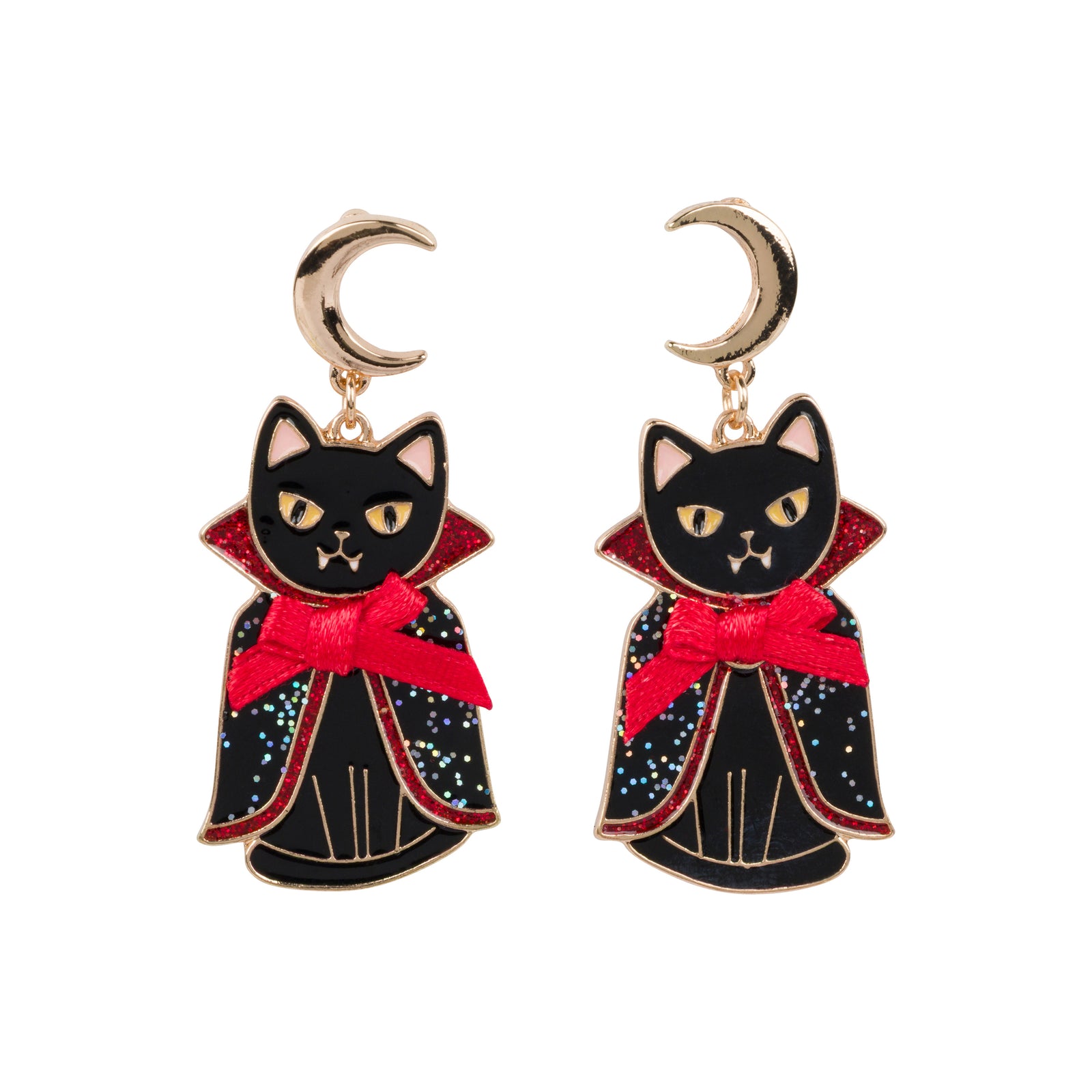 Black cat earrings with red bows and gold accents on a white background