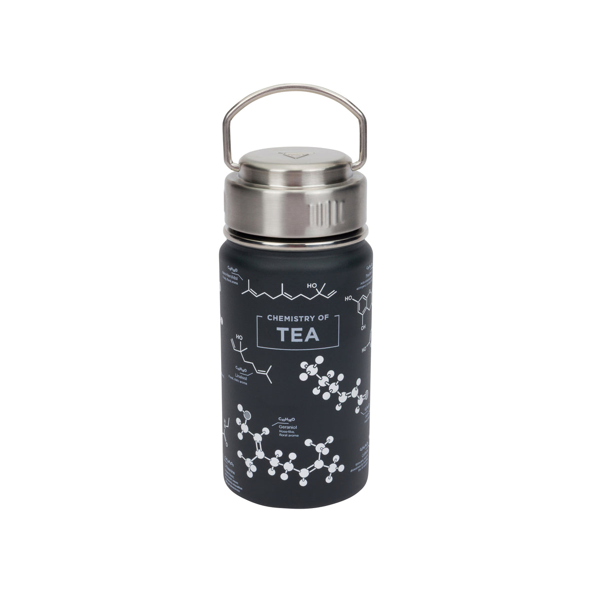 A dark gray insulated water bottle with a stainless steel lid and handle, featuring white chemical structure diagrams and the text 'CHEMISTRY OF TEA' on the front.