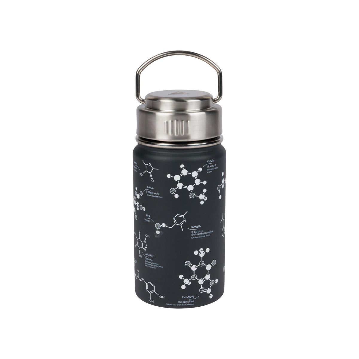 Black thermos bottle with molecular designs on a white background