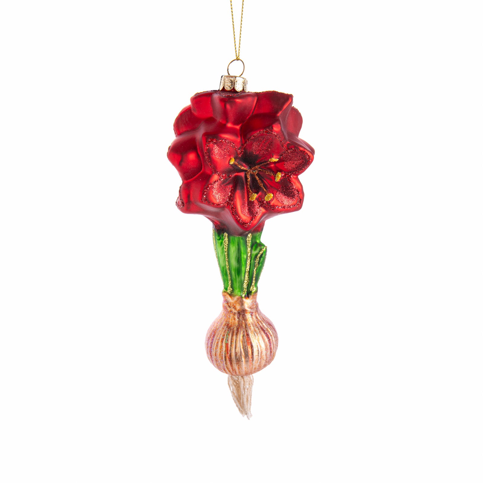Decorative glass ornament with red flowers and green stem on a white background