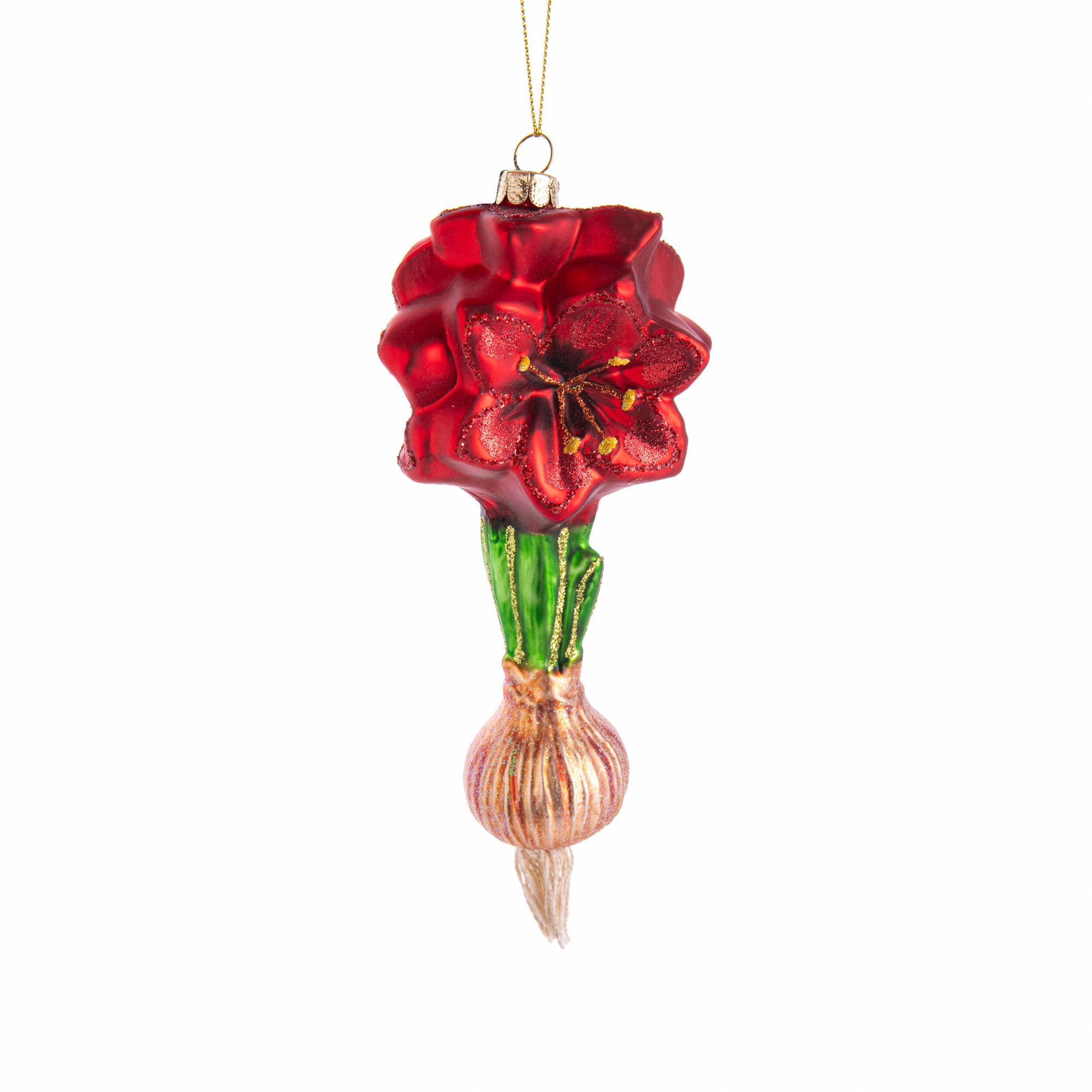 Decorative glass ornament with red flowers and green stem on a white background
