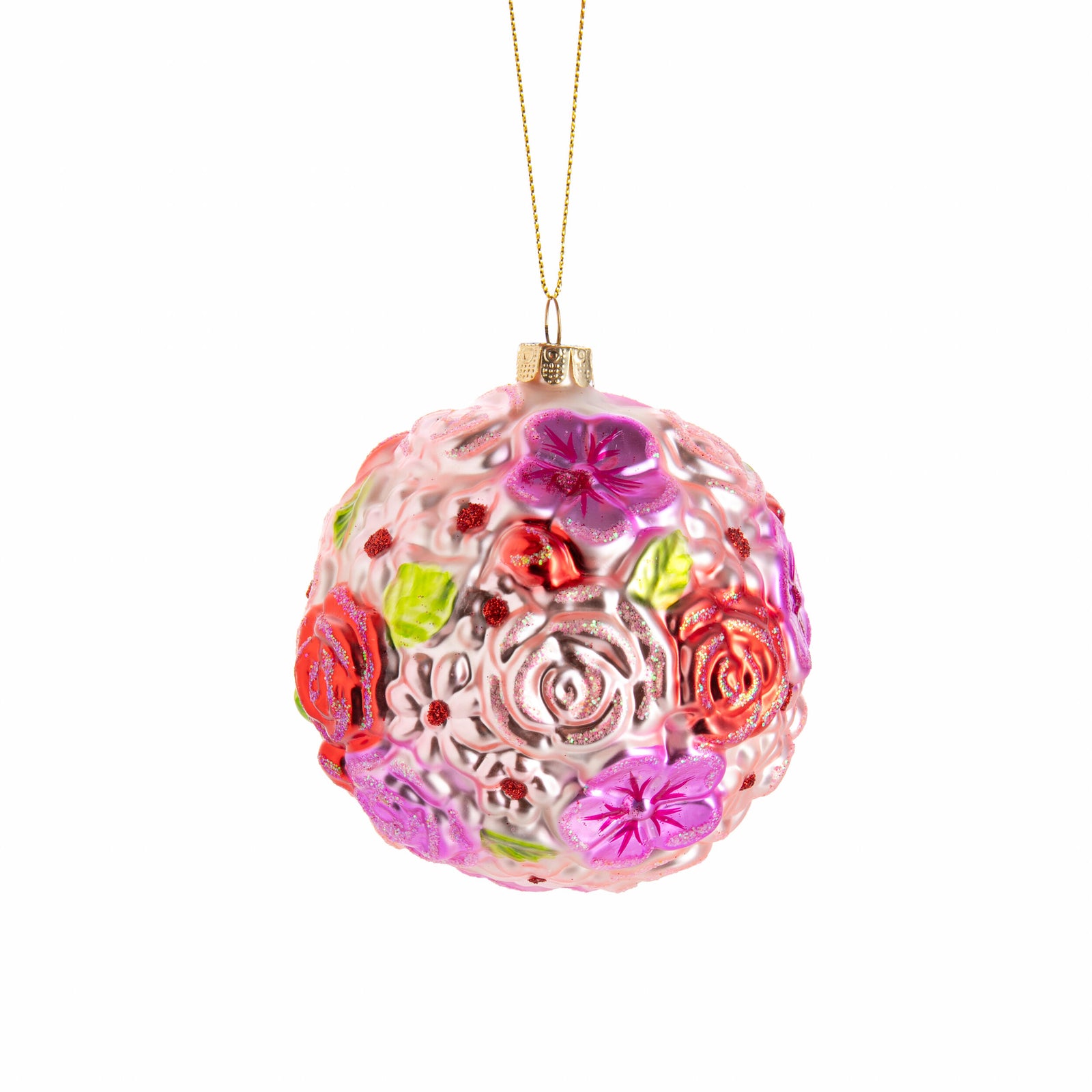 Decorative glass ball ornament with floral patterns on a white background