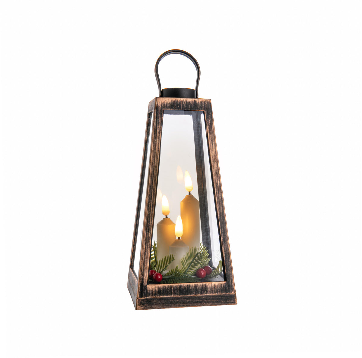 Wooden-effect lantern with candles and greenery on a white background