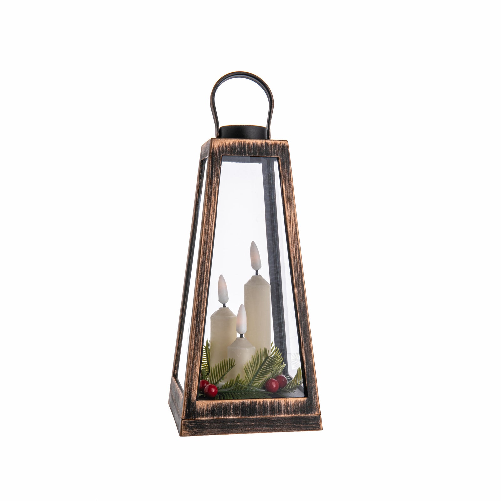 Wooden-effect lantern with candles and greenery on a white background