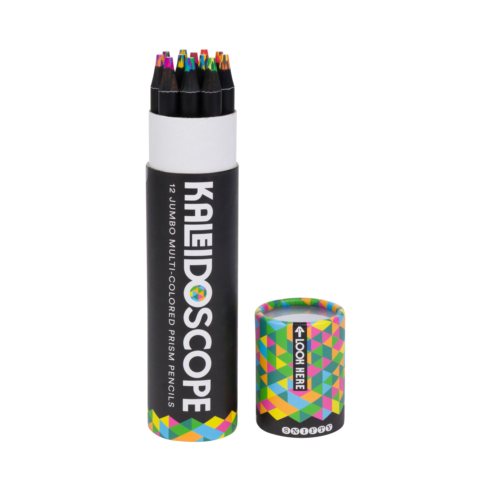 Kaleidoscope prism pencils packaging with geometric design on a white background