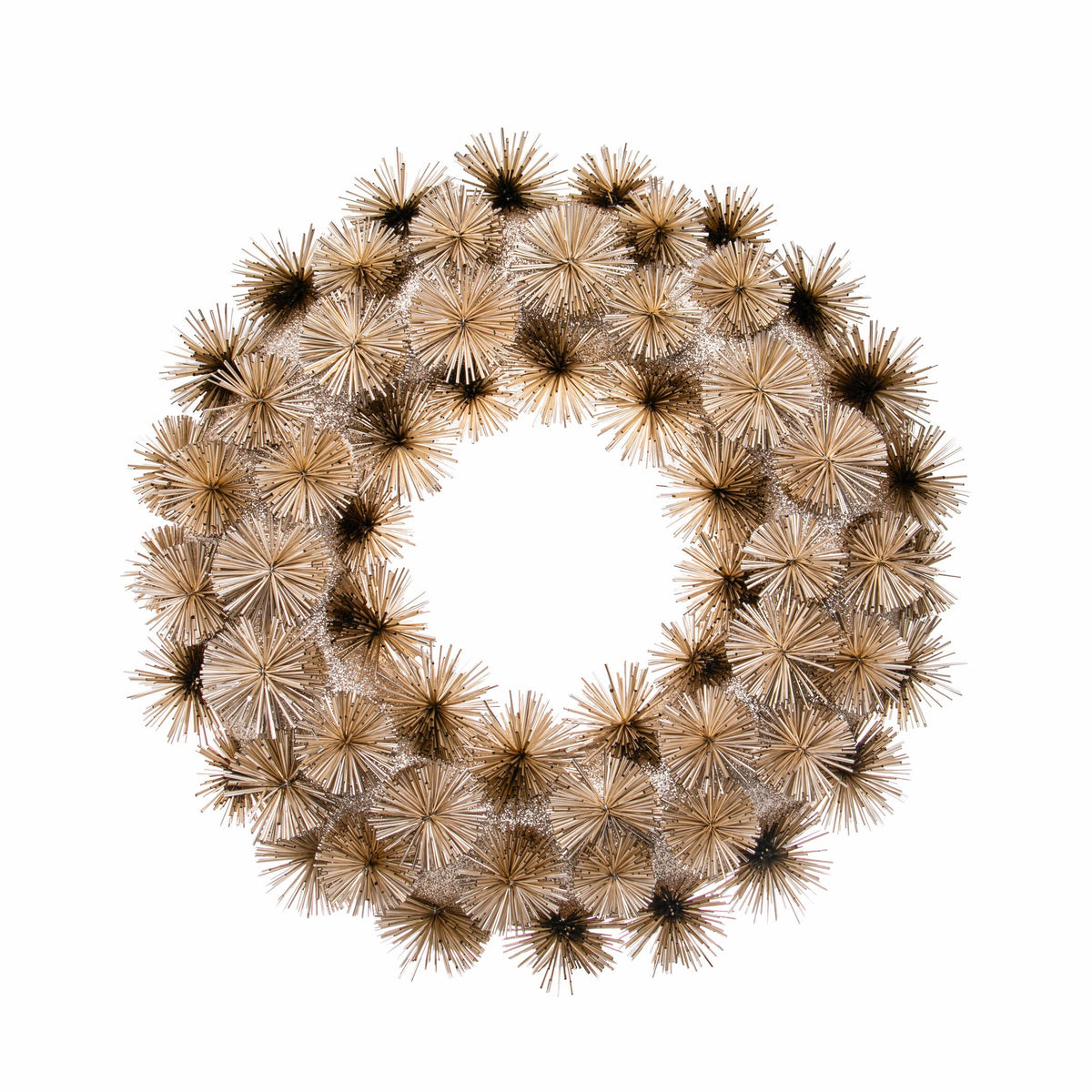 Decorative wreath with champagne gold sunbursts on a white background