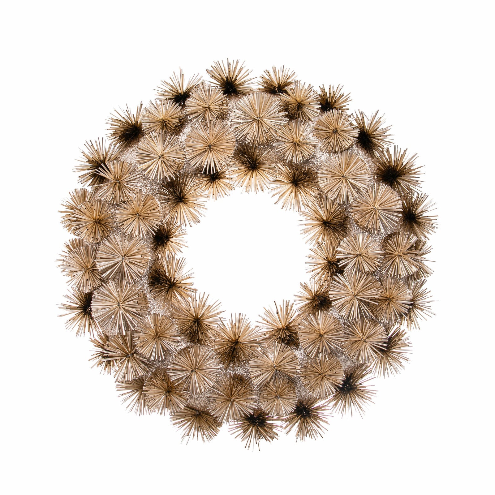 Decorative wreath with champagne gold sunbursts on a white background
