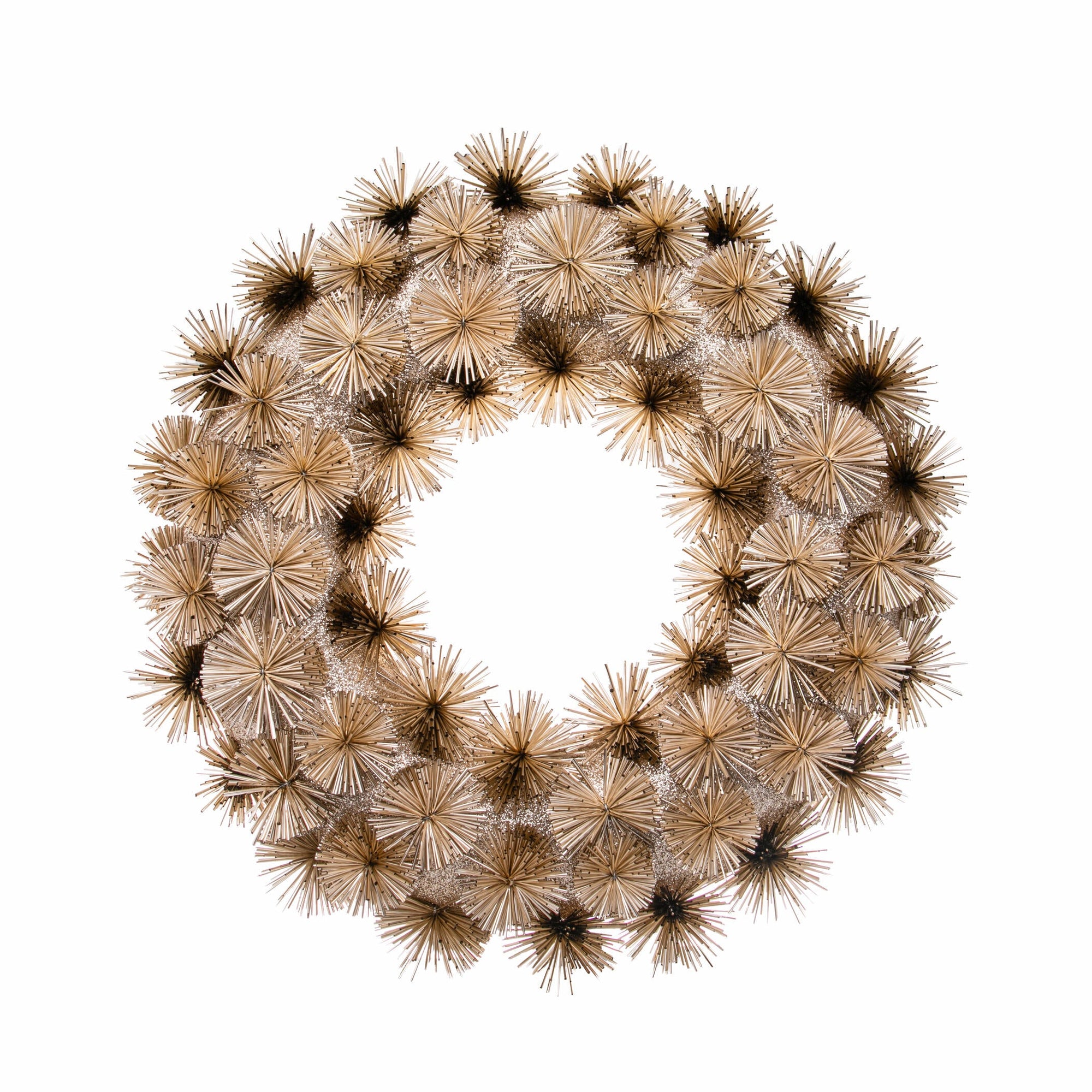 Decorative wreath with champagne gold sunbursts on a white background