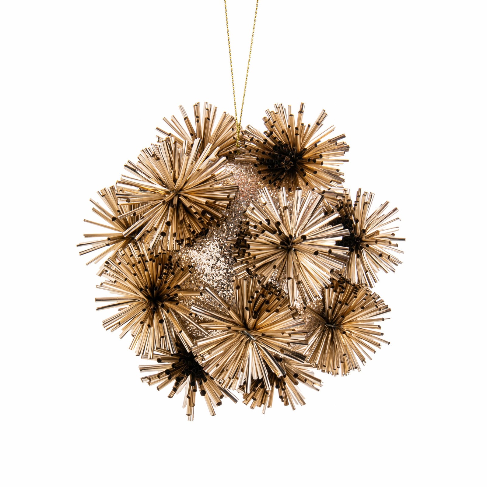 Champagne gold starburst style ball-shaped Christmas tree ornament on a white background.