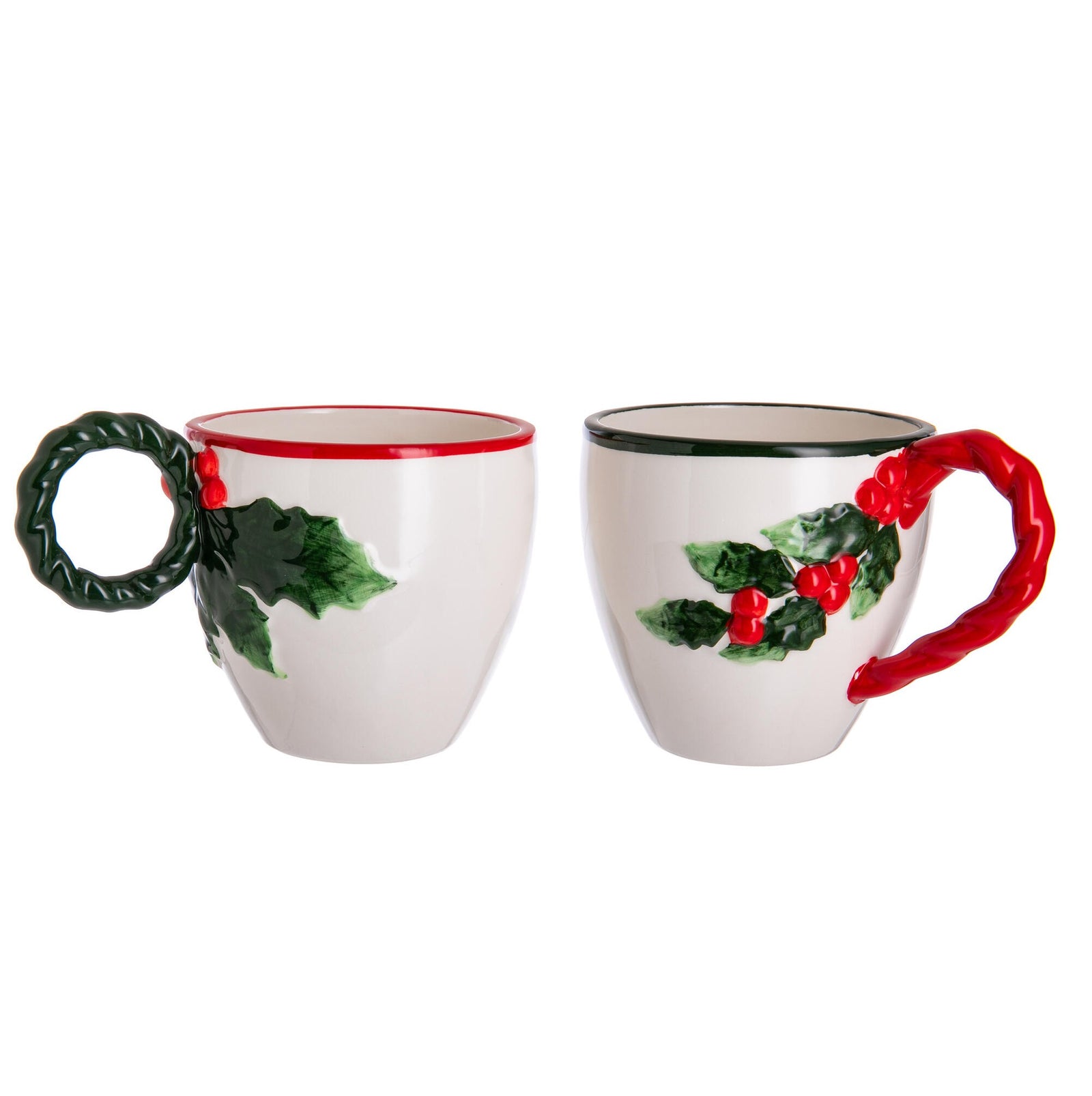 Two ceramic mugs with holly design on a white background