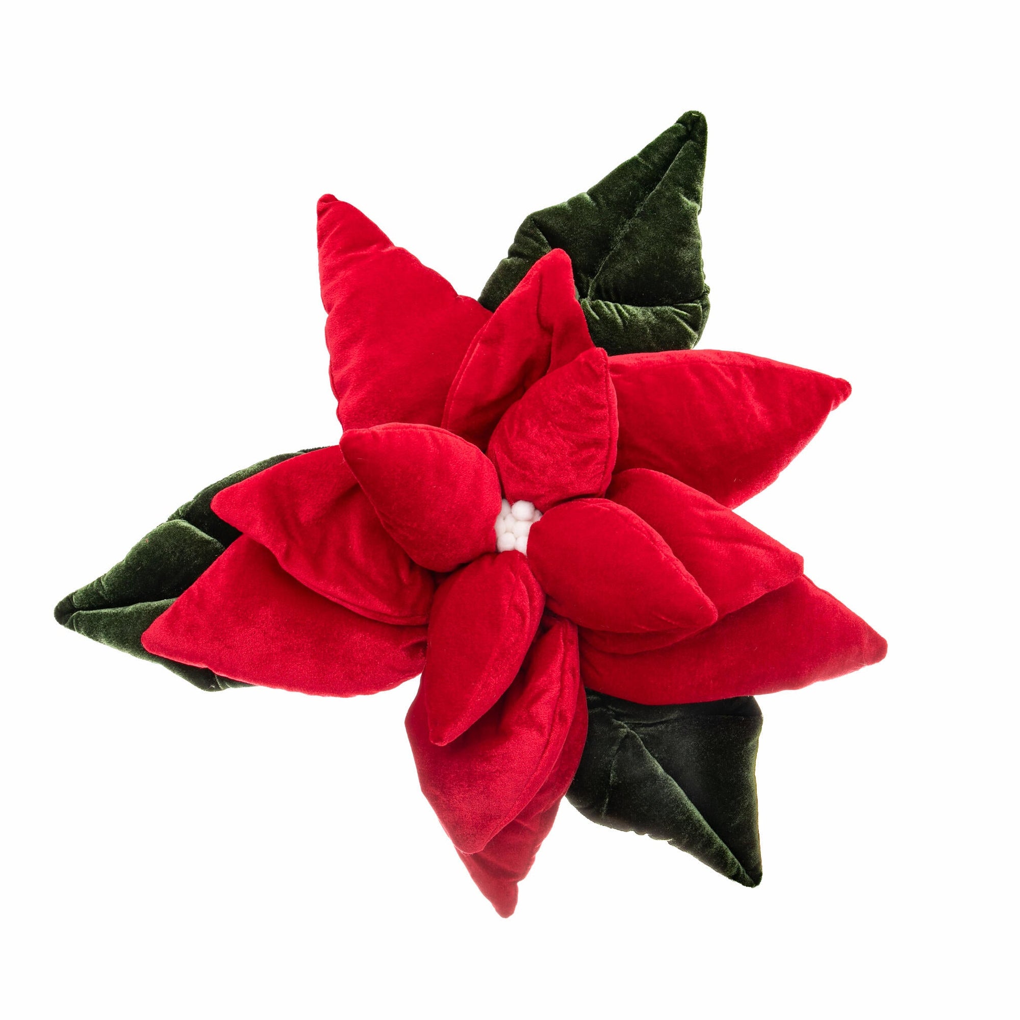 Red poinsettia flower-shaped decorative throw pillow with green leaves on a white background