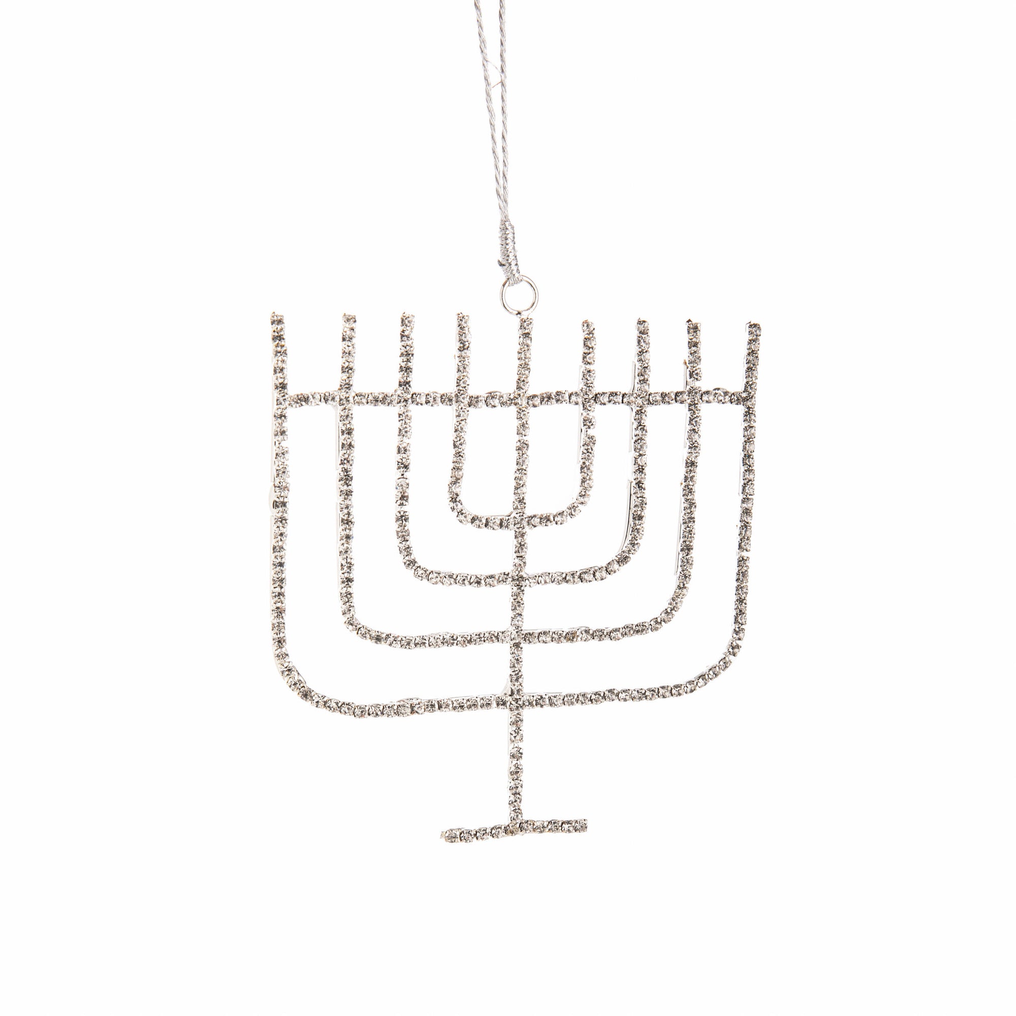 Menorah-shaped necklace with rhinestones on a white background