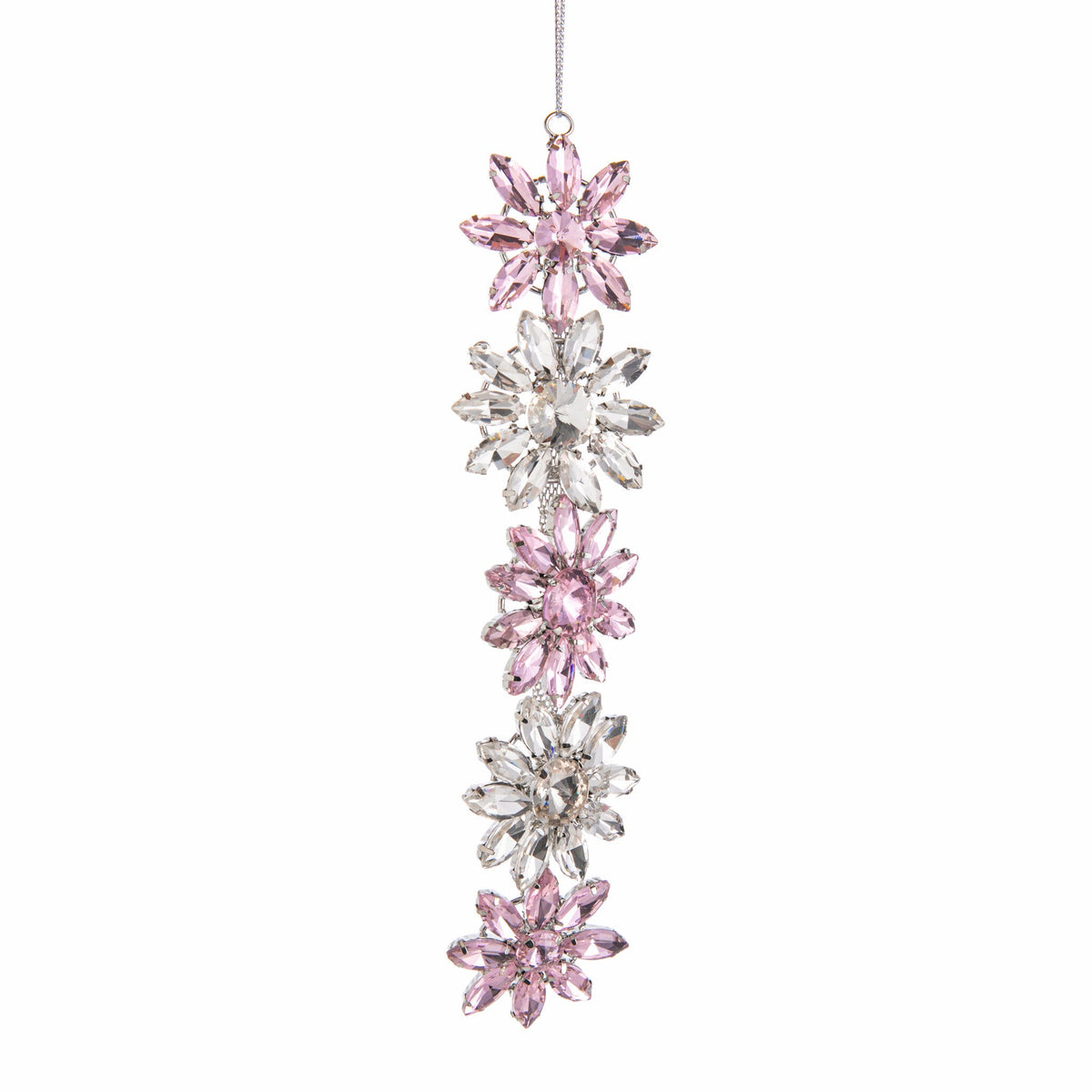 Decorative hanging ornament with pink and clear crystal flowers on a white background