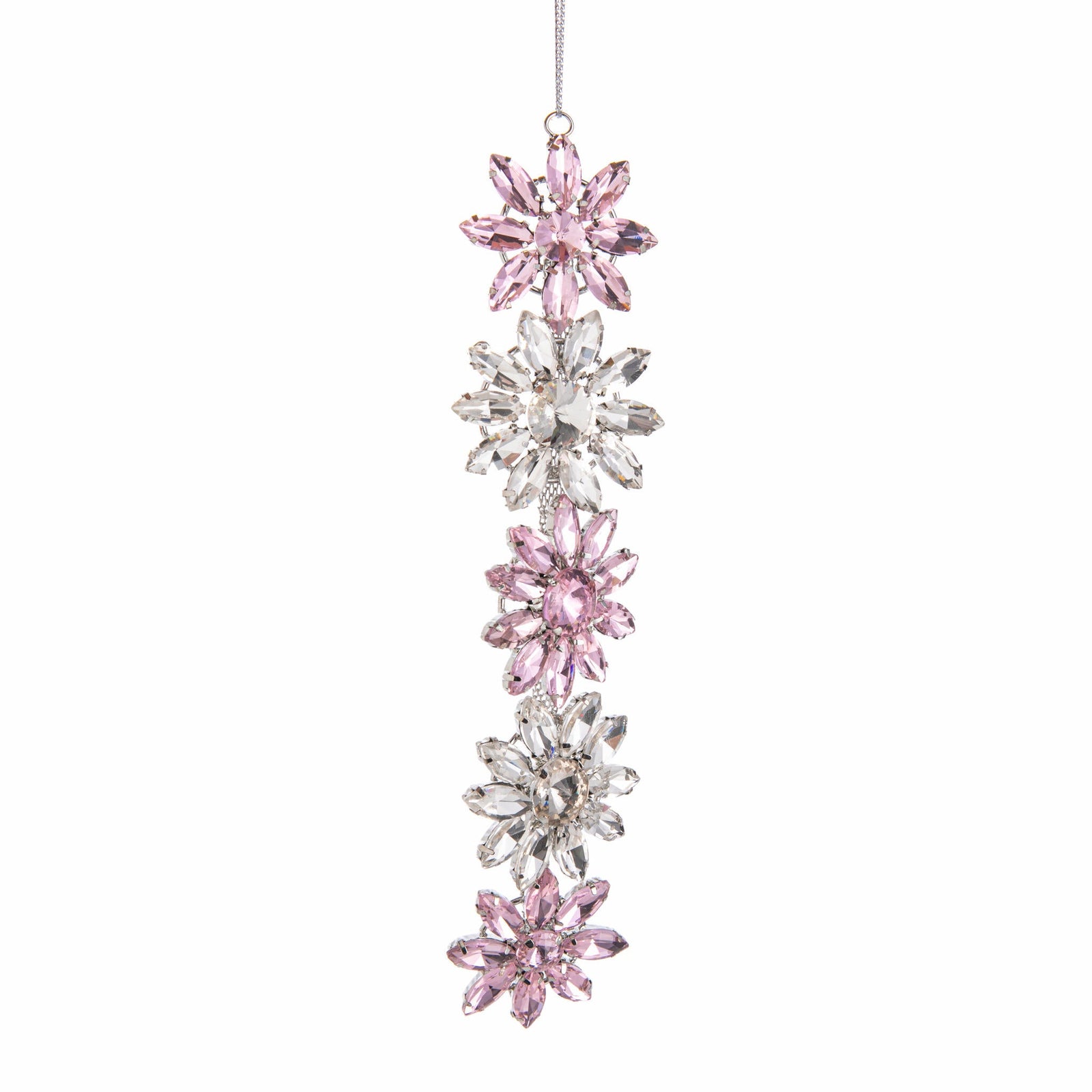 Decorative hanging ornament with pink and clear crystal flowers on a white background